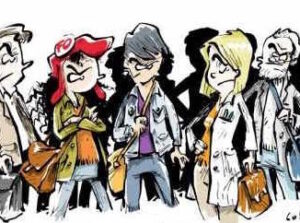 5 personnages dessinés en colère.