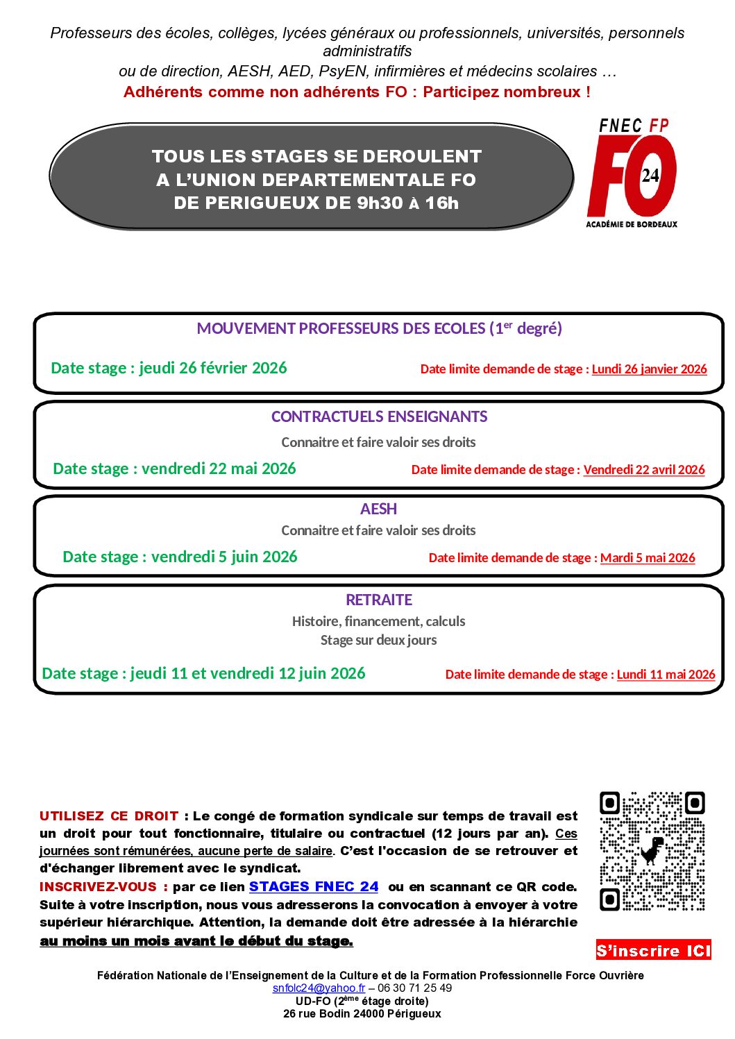 Liste des stage ssyndicaux Dordogne 2025-2026
