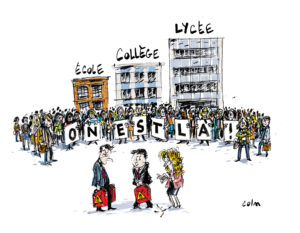 Dessin représentant une foule clamant leur présence syndicale.