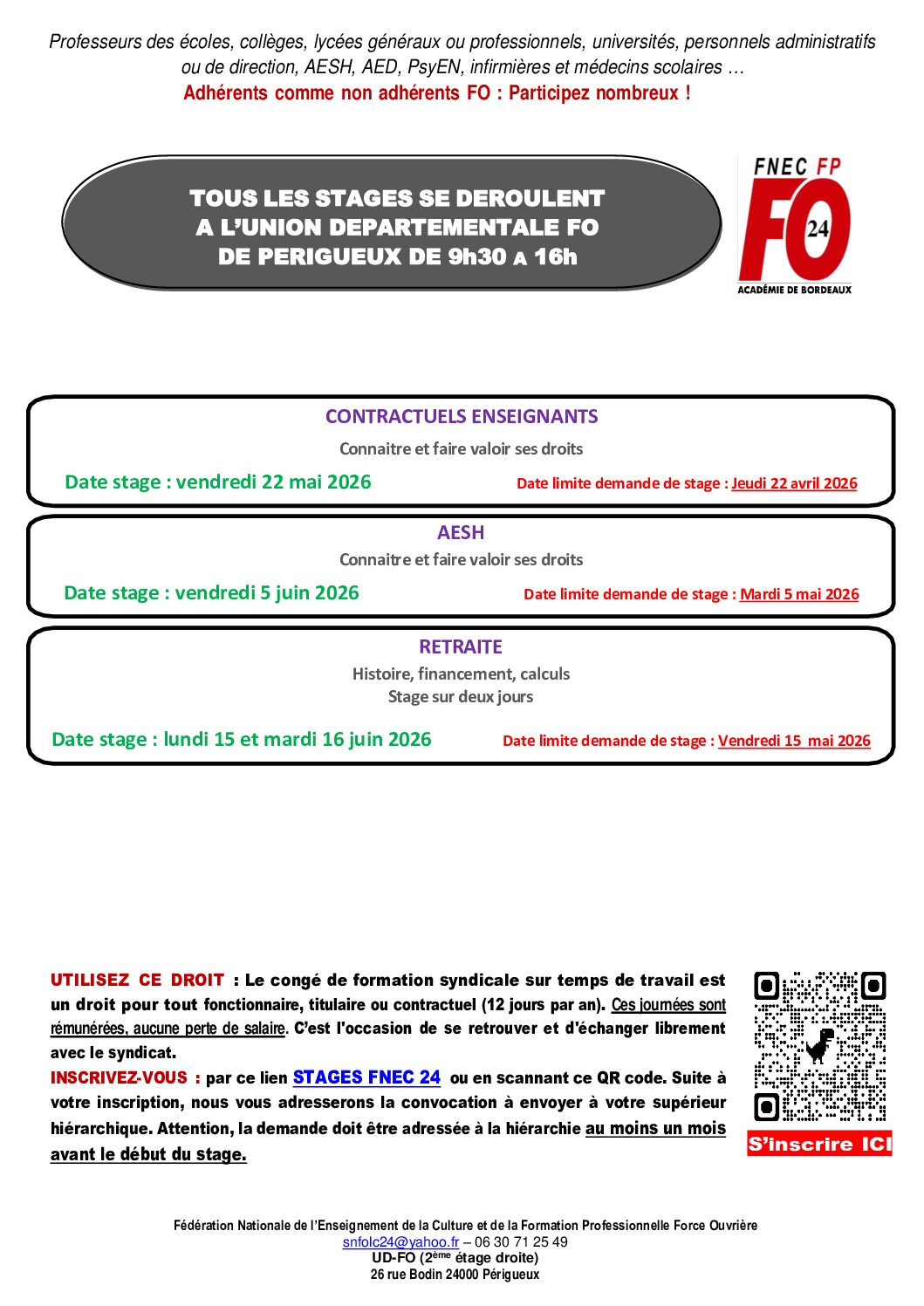 Liste des stage ssyndicaux Dordogne 2025-2026